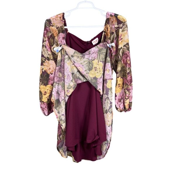 Showpo Women 6 Floral Mini Chiffon Cutout Dress Long Puff Sleeve Sweetheart Neck - Picture 8 of 16